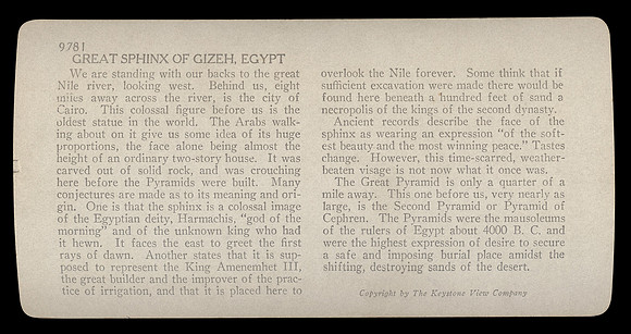 Vintage Stereoview Description - Great Sphinx of Gizeh