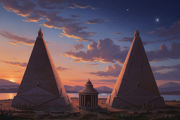 AI Painting Recreation - Temple and Pyramids at Lake Moeris