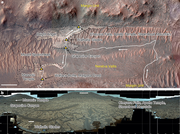 Perseverance's path through Neretva Vallis and views of the Bright Angel formation (Mars)