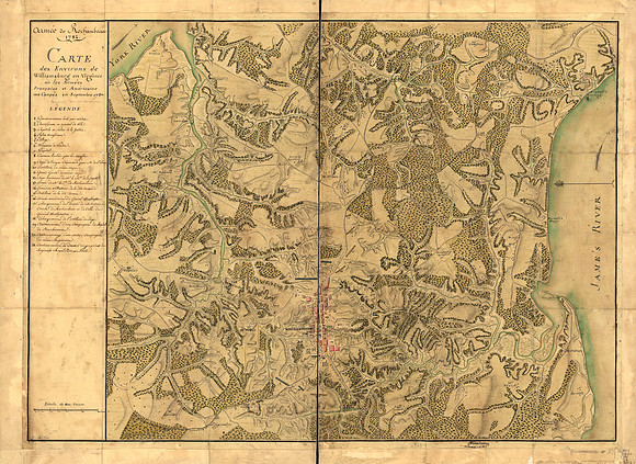 Armée de Rochambeau, 1782. Carte des environs de Williamsburg en Virginie où les armées françoise et américaine ont campés en Septembre 1781.