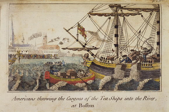 Americans throwing the cargoes of the Teaships into the river, at Boston (by W.D. Cooper circa 1789)