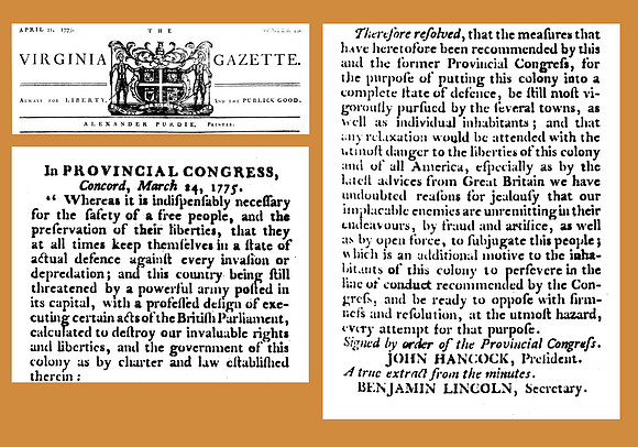 Resolution - In Provincial Congress - John Hancock - The Virginia Gazette (April 21, 1775)