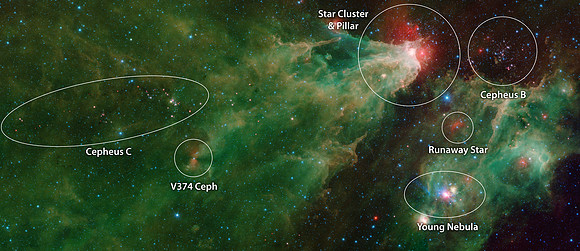 Cepheus C and Cepheus B Region by Spitzer (Two-Instrument)