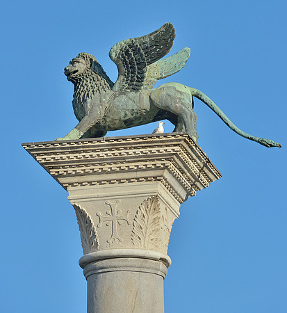 Bronze lion of Saint Marc on a column on Piazzetta San Marco in Venice