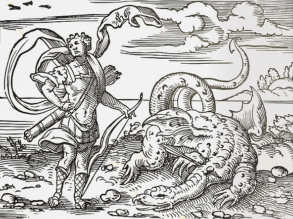 Apollo kills Python. Engraving by Virgil Solis for Ovid's Metamorphoses Book I, 435-451. Fol. 9r, image 12.