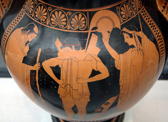 Ancient Greek band of palmettes on a vessel, featuring Hector putting his armor on, surrounded by Priam and Hecuba  (circa 510 BC)