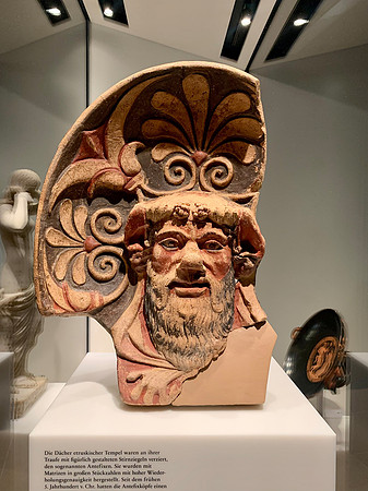 Etruscan antefix with head of Silen and anthemien nimbus, 4th century BC, from Cerveteri, Italy
