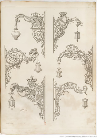 Dessin détaillé de six beaux bras de lanternes ou d'enseignes pendantes rocailles (circa 1767)