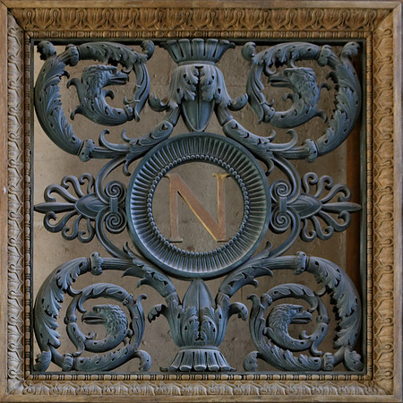 Neoclassical wrought iron detail of a door of the Louvre Colonnade, with rinceaux, two palmettes and a N for Napoleon, unknown architect (circa 1810)