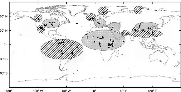 Global distribution of the Bond Holocene IRD Event 3 also named 4.2 kiloyear event. The hatched areas were affected by wet conditions or flooding and the dotted areas by drought or dust storms