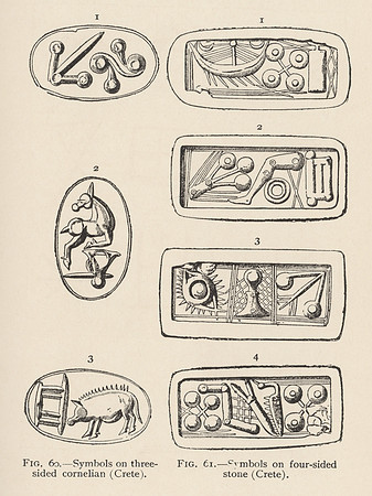 Vintage Illustration - Symbols on three-sided cornelian + four-sided stone (Crete)