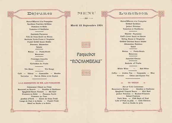 Vintage Luncheon Menu - French Rochambeau Line