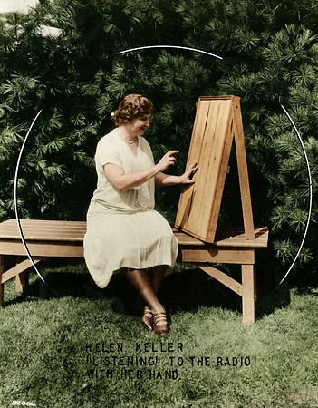 AI Color Portrait Recreation - Helen Keller "Listening" to the Radio with Her Hand