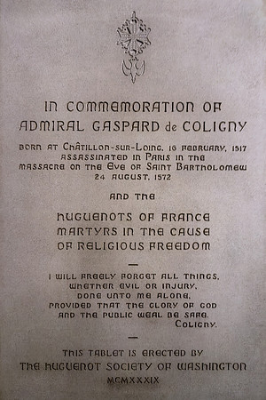 Washington National Cathedral Plaque - Admiral Gaspard de Coligny