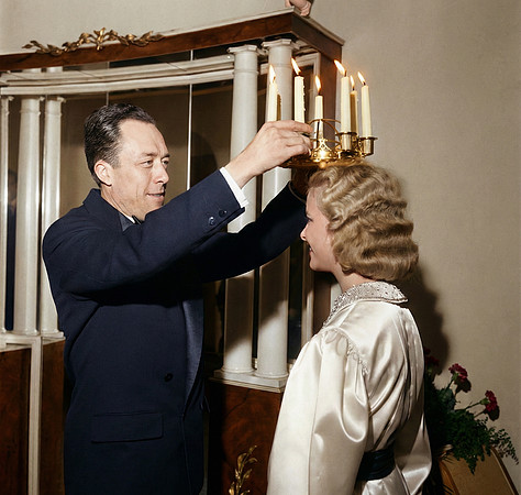 AI Color Portrait Recreation - Albert Camus crowning Stockholm's Lucia on 13 December 1957