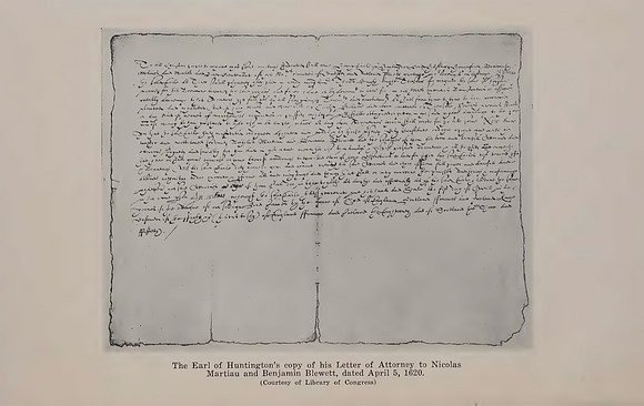 The Earl of Huntington's copy Letter of Attorney to Nicolas Martiau and Benjamin Blewett, dated April 5, 1620 (1932 copy)