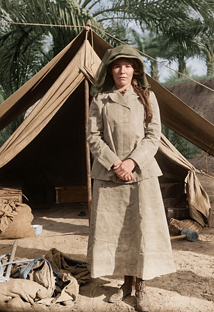 AI Color Portrait Recreation - Gertrude Bell standing outside her tent, Babylon.