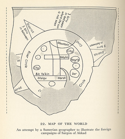 Vintage Map of the World - An attempt by a Sumerian geographer to illustrate the foreign campaigns of Sargon of Akkad