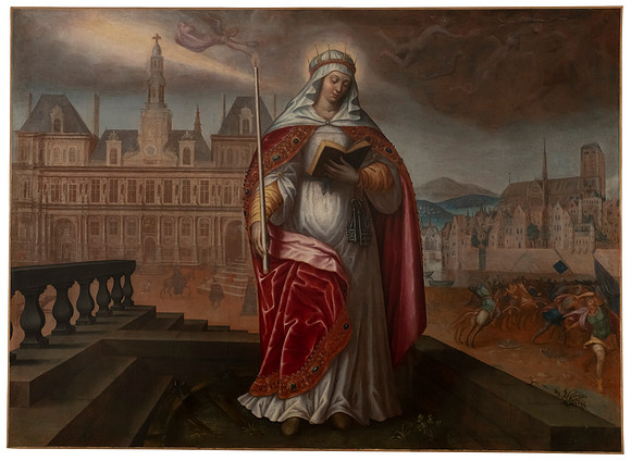 Sainte Geneviève, patronne de Paris, devant l'Hôtel de Ville - à droite, les Huns repoussés (anonymous painter after the French school circa 1620)