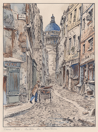 Vieux Paris. Autour du Panthéon (hand-colored print by A. Bernet circa late 19th century)