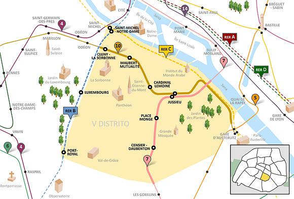 Paris 5th district (France), metro (subway) lines and RER