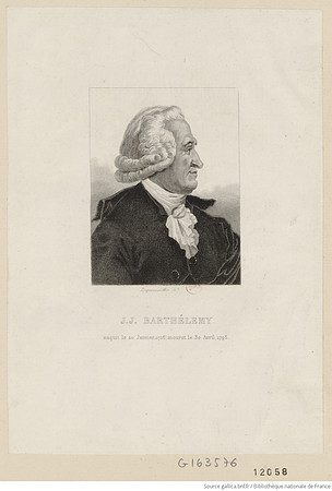 Profile portrait of J J Barthelemy facing right (engraving published circa 19th century)