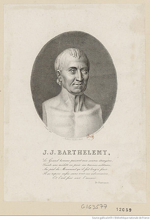 Bust portrait of J J Barthelemy, in three quarters perspective facing right, inside an oval (engraving published circa 1795)