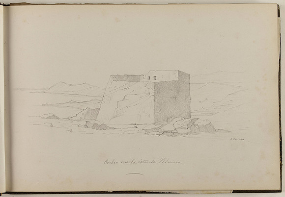 Vintage French graphite drawing - Rock on the coast of Phoenicia (by Ary Ernest Renan circa 1878)