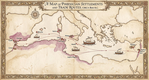 AI Vintage Map Recreation - Phoenician Settlements and Trade Routes, circa 800 B.C.