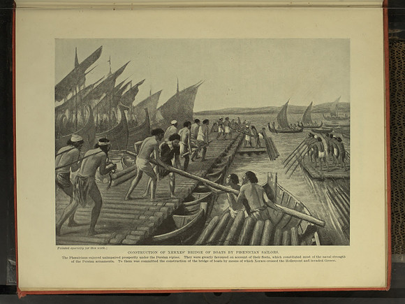 Vintage Phoenician History - Construction of Xerxes' Bridge of Boats by Phoenician Sailors (published circa early 20th century)