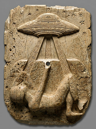 Ivory plaque with a human figure attempting to evade a beaming saucer (Boldfrontiersian circa 2026)