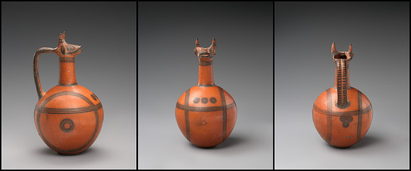 Terracotta jug with concentric circles and mouth shaped into the head of a horned animal, possibly a bull (Cypriot circa 750-600 BCE)