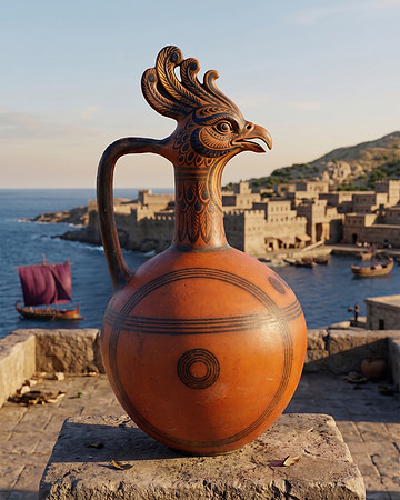 Terracotta jug with concentric circles and legendary phoenix head (Boldfrontiersian circa 2026)