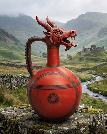 Terracotta jug with concentric circles and Welsh dragon head (Boldfrontiersian circa 2026)