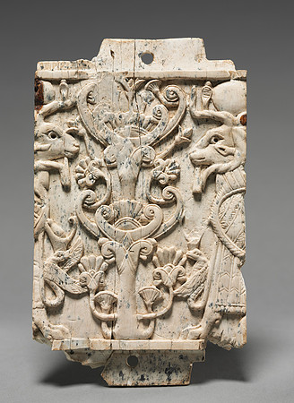 Decorative Plaque: Ram-Headed Sphinxes Flanking a Sacred Tree (Assyrian in Phoenician style circa 900-800 BCE)