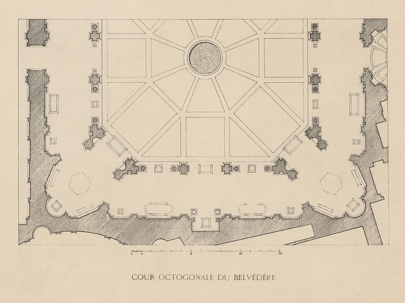 Vintage French Image Plate - Octagonal Belvedere Courtyard