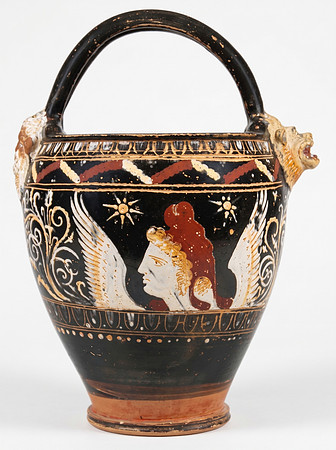Gnathia-style ceramic vessel with lion-head spouts from ancient Magna Graecia, depicting a blonde winged youth wearing a Phrygian cap (attributed to the Toledo Painter circa 300 BC) (AI enhanced)