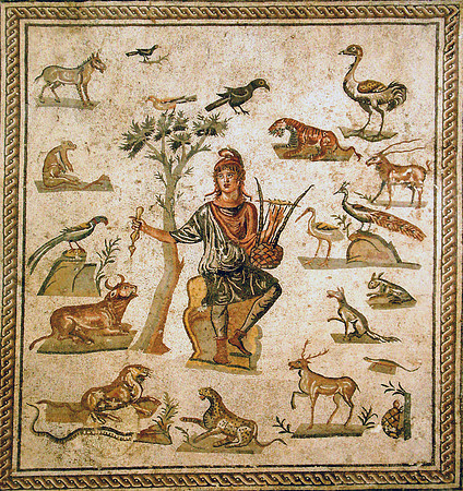 Thracian musician Orpheus surrounded by animals. Ancient Roman floor mosaic from Sicily.