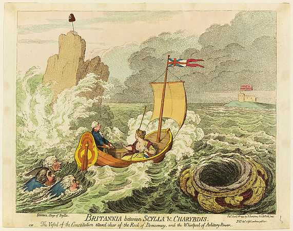 Britannia Between Scylla and Charybdis (etching created by James Gillray and published by Hannah Humphrey on April 8, 1793)