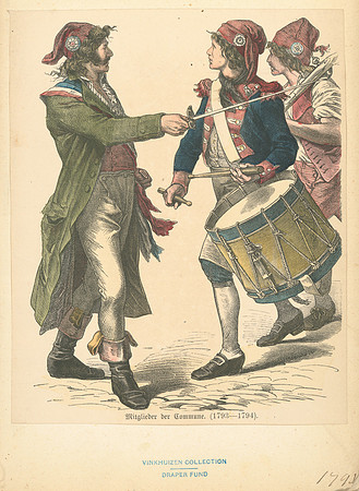 Members of the Commune (1793-1794) - French revolutionary sans-culottes wearing iconic Phrygian caps (bonnets rouges) and tricolor cockades (published late 19th century)