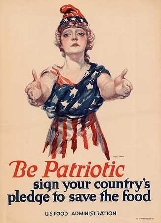 Be Patriotic poster featuring Columbia as an allegory of the United States, with her hands extended toward the viewer (by Paul Stahr circa 1917) (AI enhanced)