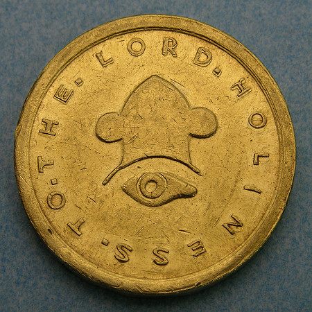 Emblem of Mormon Priesthood: 3-pointed Phrygian Crown above all-seeing eye. Coin obverse: 20 Dollars, United States, 1849 (Utah-Mormon)