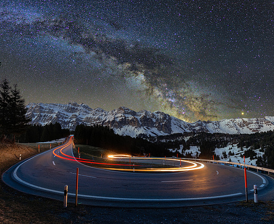 Milky Way and car trails (Schwägalp, Switzerland)