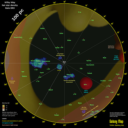 Milky Way hot star density within 100 parsecs (by Galaxy Map)