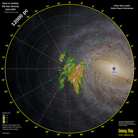 Milky Way OB star density within 12000 parsecs (by Galaxy Map)