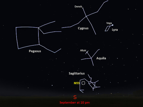 Starchart view of globular cluster Messier 55 from mid-northern latitudes for September at 10PM