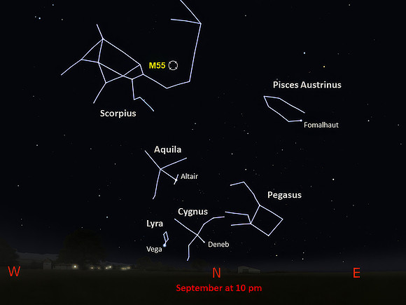 Starchart view of globular cluster Messier 55 from mid-southern latitudes for September at 10PM