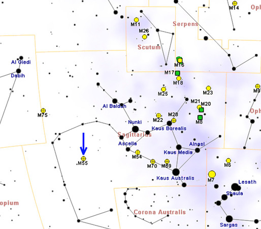 Star map showing the location of globular cluster Messier 55 (M55)