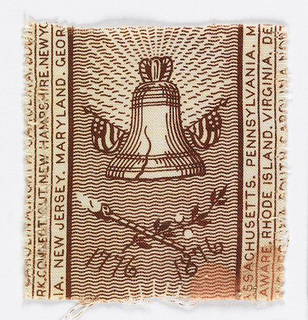 Fragment of a small centennial textile print showing the Liberty Bell with "1776–1876" below, and the names of states at sides