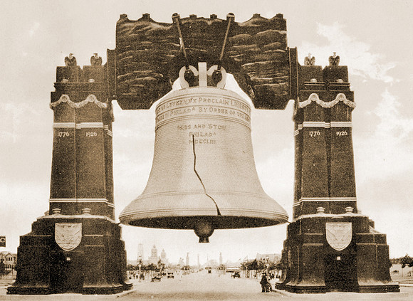 The 80-foot (24 m) tall illuminated Liberty Bell during the Sesqui-Centennial International Exposition in Philadelphia, Pennsylvania, USA (photo by John D. Cardinell circa 1926)